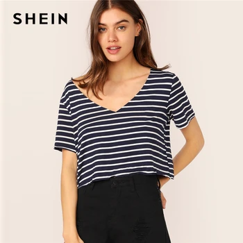 

SHEIN Striped Short Sleeve Top Black And White Summer V neck Tee 2019 Casual Crop Regular Fit Women Clothing T Shirts