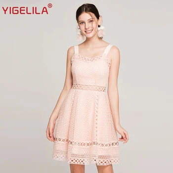 

YIGELILA Women Summer Pink Lace Party Dress Fashion Solid Spaghetti Strap V-neck Empire Slim Hollow Out Backless Dress 63813
