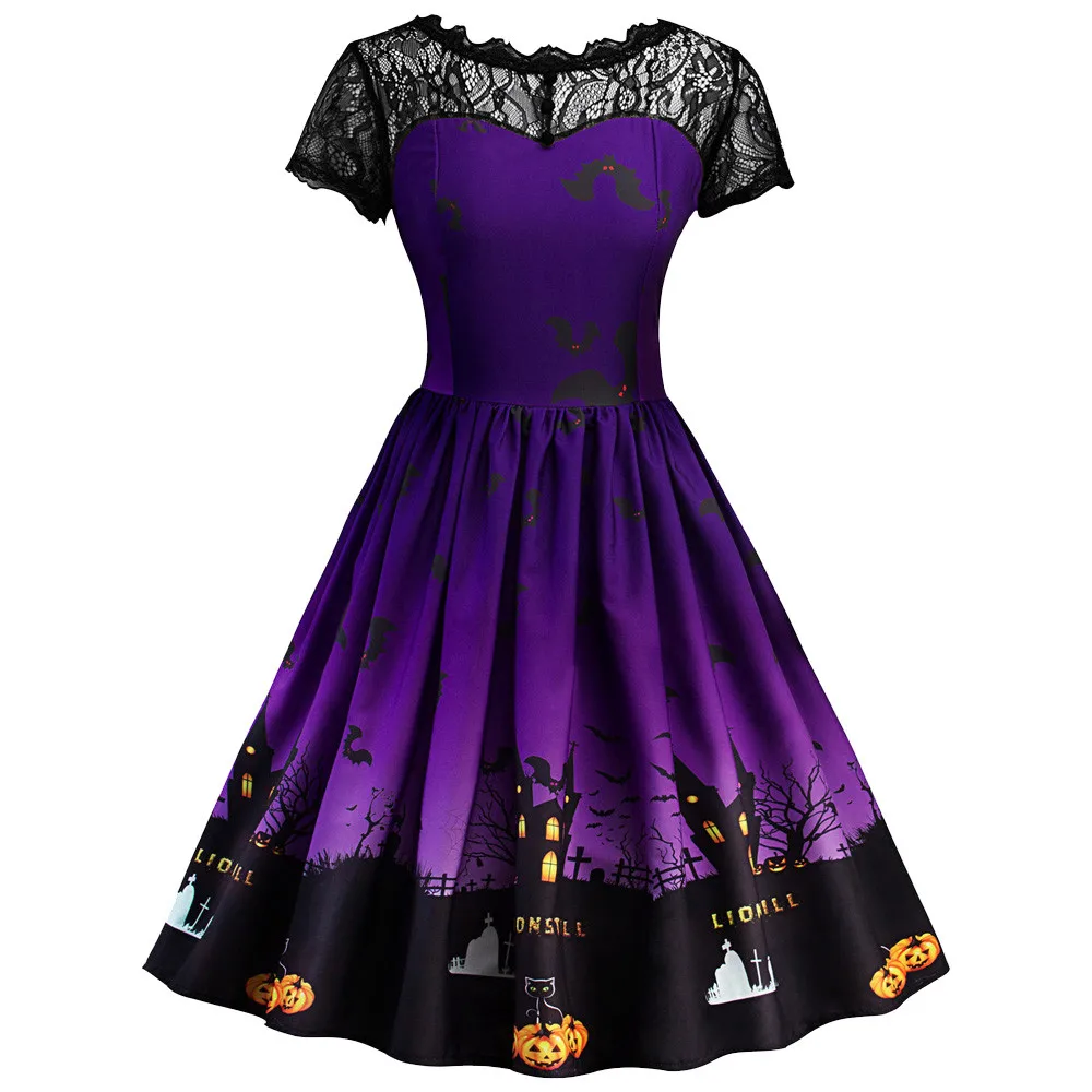 Happy Halloween Dresses Women Short Sleeve Halloween Retro Lace Vintage