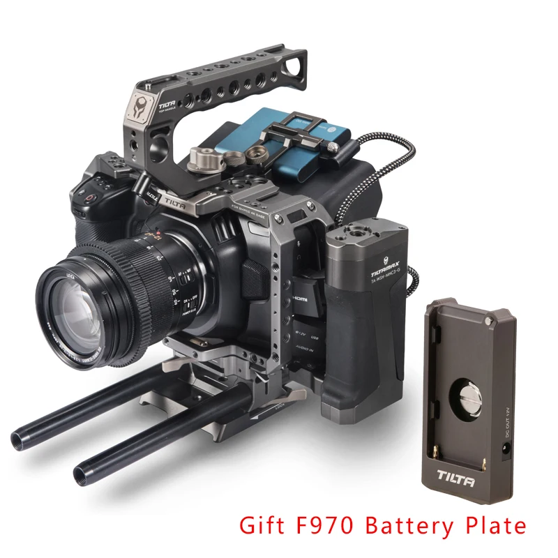 

Tilta TA-T01-A-G Full Camera Cage Top Handle Wooden Side Handle F970 Battery Plate Partial Sunhood for BMPCC 6K 4K Camera