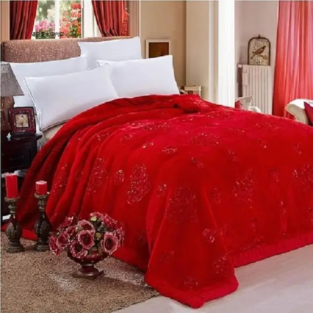 Wedding Decorative Home Textile Embroidery Blanket Winter Thick Fluffy Fat Comforter Mink Winter Soft Warm Blankets On The Bed Red