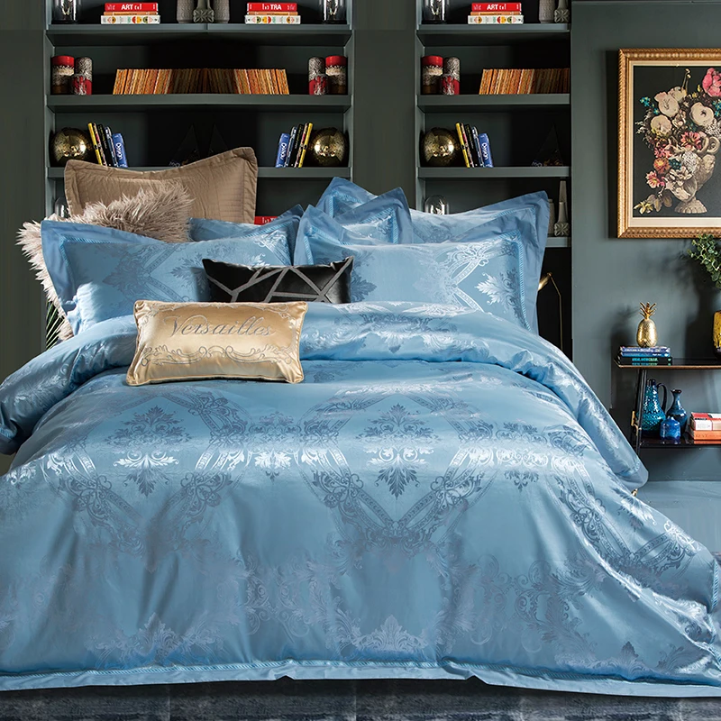 

2018 Blue European Bedding Set 4Pcs Queen King Size Silk Cotton Blend Bedlinens Duvet Cover Set Flat Sheet Pillow Cases