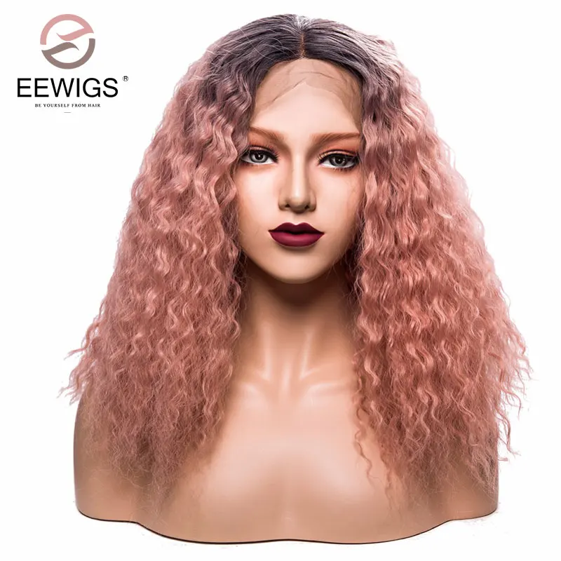 

Synthetic Lace Front Wigs Kinky Curly 1b to Pink Ombre Color Wigs For Women Heat Resistant Artificial Hair Wigs Glueless