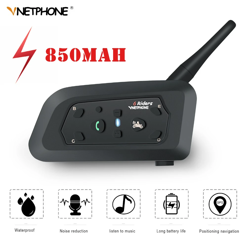 VNETPHONE V6 домофон мотоциклетный Bluetooth шлем гарнитура 1 2 км 850 мАч IP65 6 всадников MP3 gps