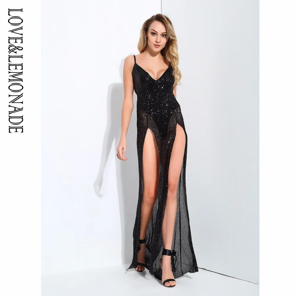 

Love&Lemonade Cut Out Deep V Neck Open Back Elastic Sequins Long Dress Navy/Black/Red/Gold/Silver LM0761
