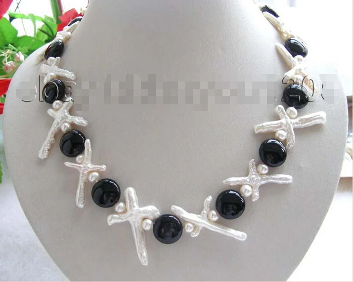 

FREE shipping>>>>20" Natural Black Agate White Cross Pearl Necklace! 6.07 6.8 6.09