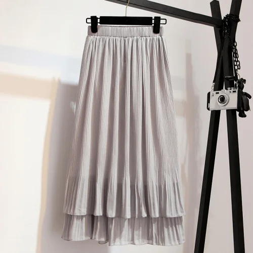 TingYiLi, Корейская Милая юбка с рюшами, черная, зеленая, серая, эластичная, высокая талия, двухслойная шифоновая юбка, длинная, макси юбка, весна-лето