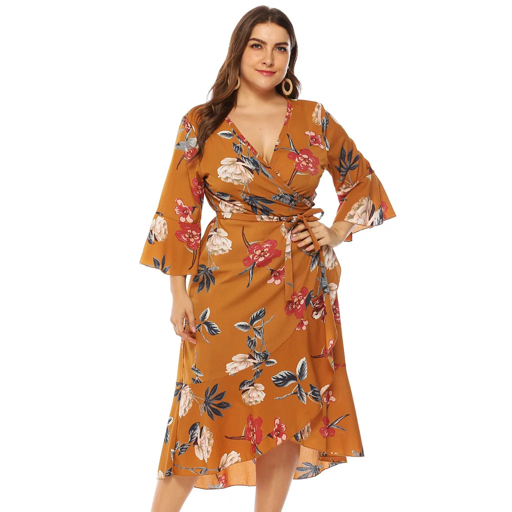 

Sexy v neck dress women Autumn floral print vintage plus size vestidos Holiday boho midi party dress 2019 4XL DouDouLu Sukienki