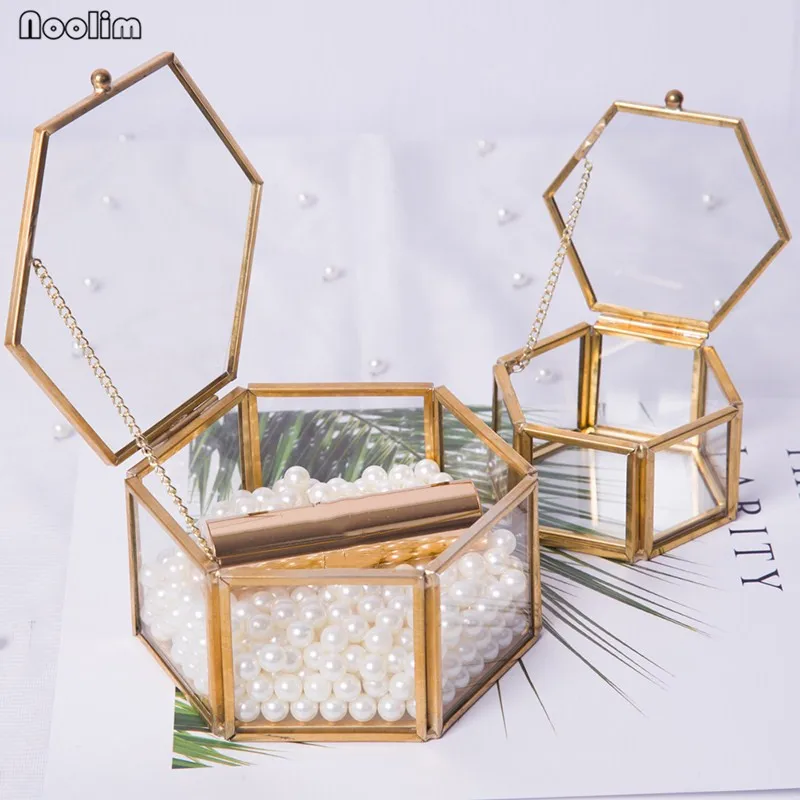 

NOOLIM European Retro Bronze Hexagonal Glass Jewelry Box Dessert Cake Display Box Geometry High-end Display Storage Box