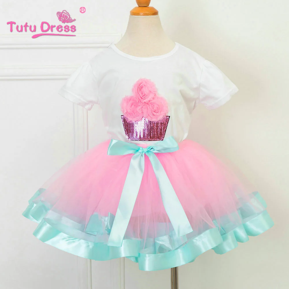 Birthday Tutu Outfit Includes Top T-shirt Pink Aqua Blue Ruffled Tutu Skirt Baby Girl Clothes Girls Clothing Sets