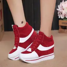 New 2016 Height Increasing Women Shoes High Top Ladies Canvas Casual Shoes Elevator Thick Sole Lace-up Platform Wedges High Heel