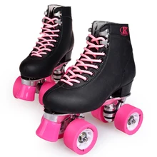 Двухрядные коньки, 4-х колесный каток для взрослых, на металлической подошве, черная обувь, розовые колеса, уличные роликовые коньки