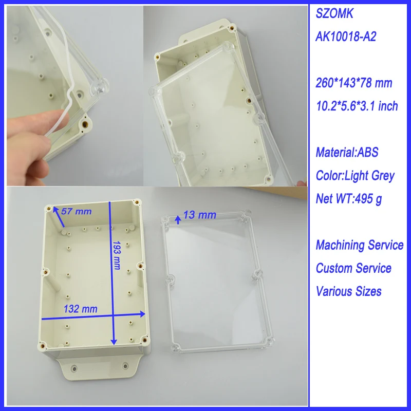 

10 pieces a lot transparent cover IP 68 waterproof plastic enclosure 260*143*78MM 10.2*5.6*3.1 inch electronics enclosure