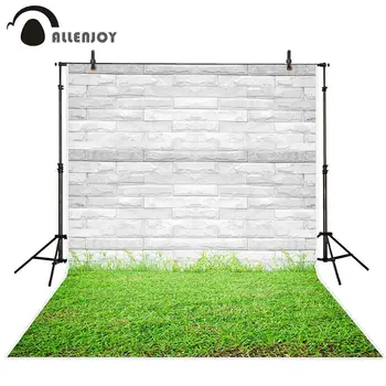 

Allenjoy background for photo white brick wall texture bright green grass floor protruding portrait door backdrop fotografia