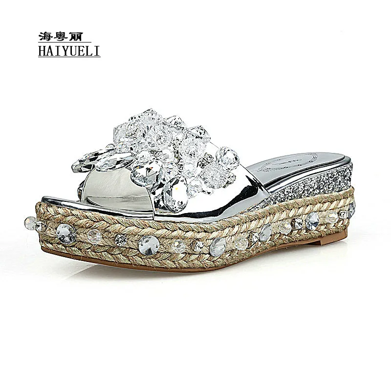 Genuino Plata Producto Cuña Mano Cuero Puros A Superior Mujeres Hechos Lujo Del Diamante Zapatillas De Zapatos Sandalias zqAwfza