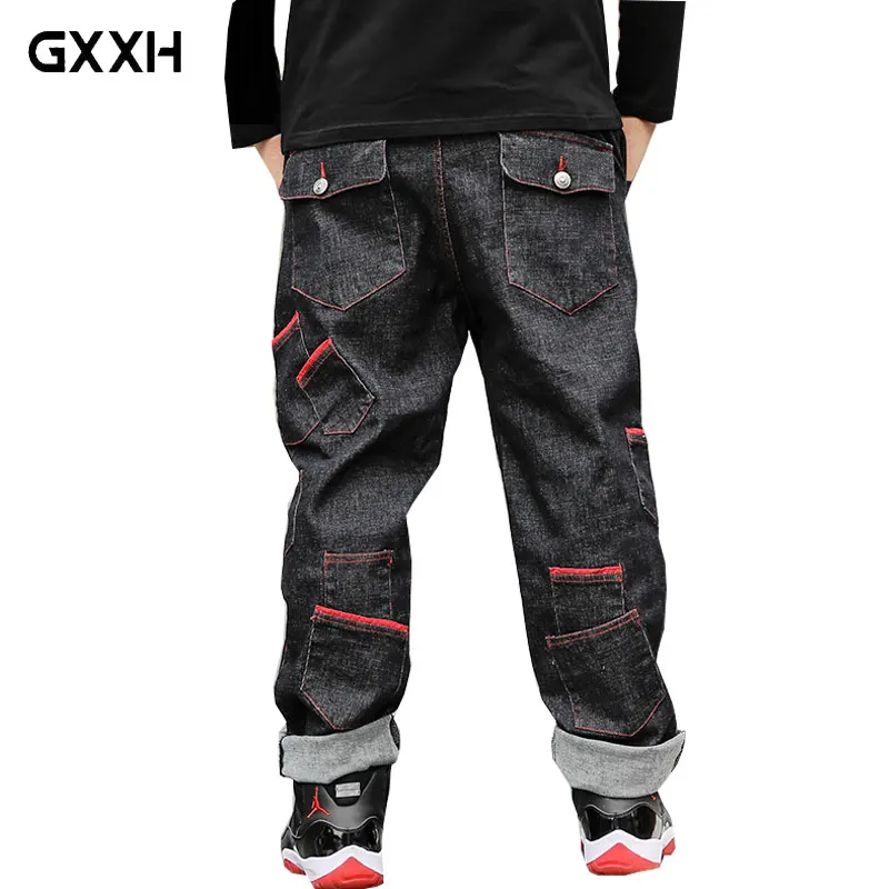 2018 Men's Loose Jeans Many Pockets Jeans Men's Designer Classic Jeans Pants Large Size 46 Black Jeans for 135kg Men's Pants