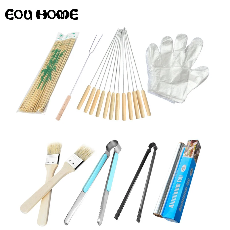 

8Pcs/Set Stainless Steel Wooden Skewers BBQ Tools Outdoor Barbecue Accessories Stainless Steel Baking Clip Carbon Clip Tin Foil