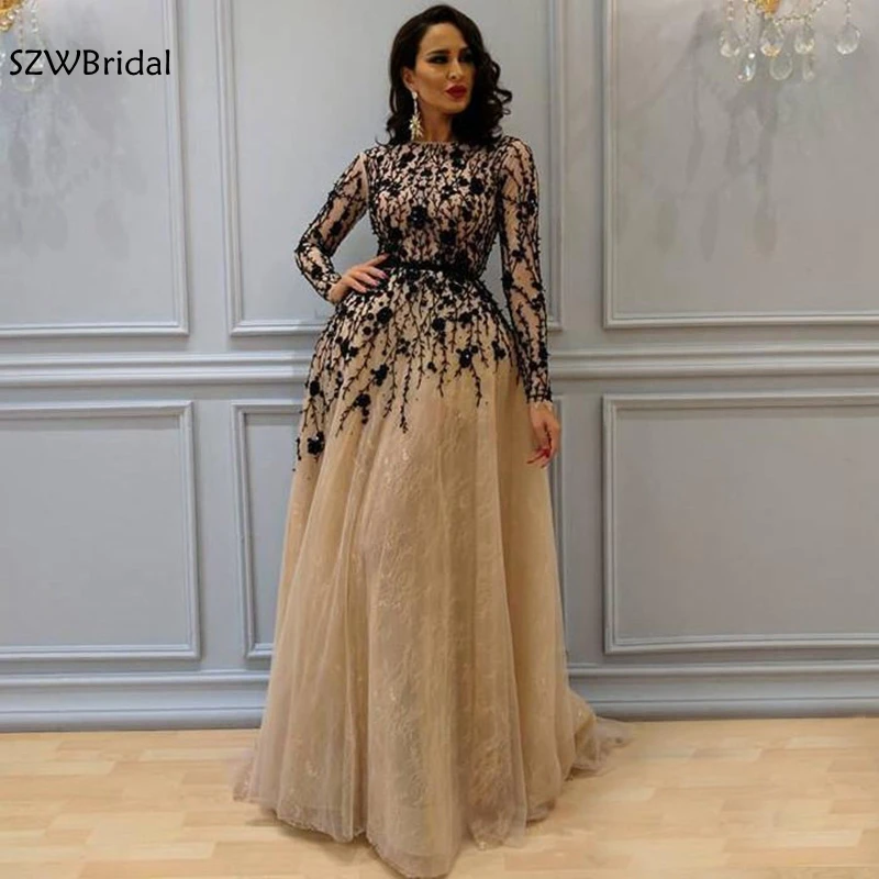 

Elegant Long Sleeves Muslim Evening Dresses 2019 Black Major Beaded Tulle robe longue Formal dress Party Robe de soiree