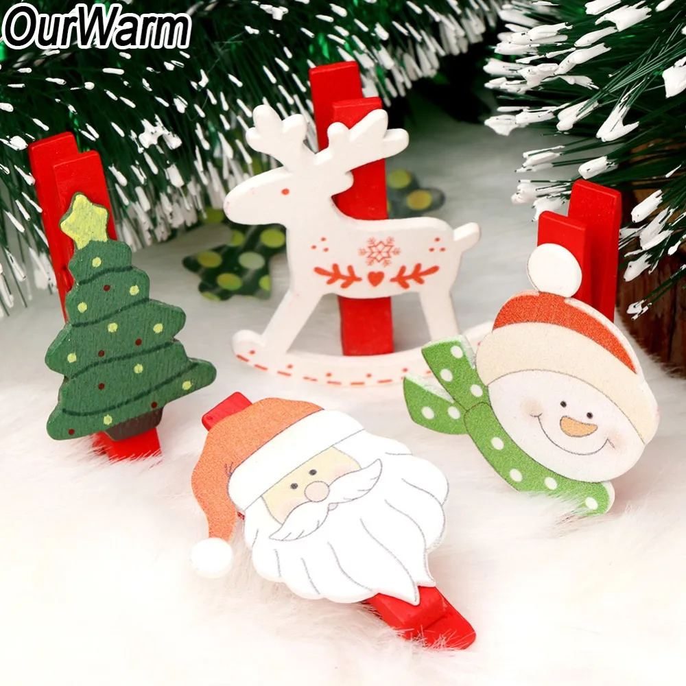 

OurWarm 24Pcs DIY Wooden Christmas Clothespin Clips Postcard Clips for Photo Santa Claus Favor with 2M Rope New Year Gift 2018