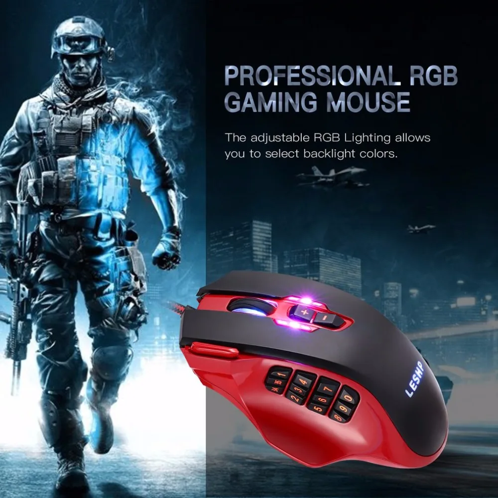LESHP 19 клавиш Профессиональный RGB игровая мышь 3D оптический проводной лазер игровая мышь с боковыми кнопками и регулируемой подсветкой