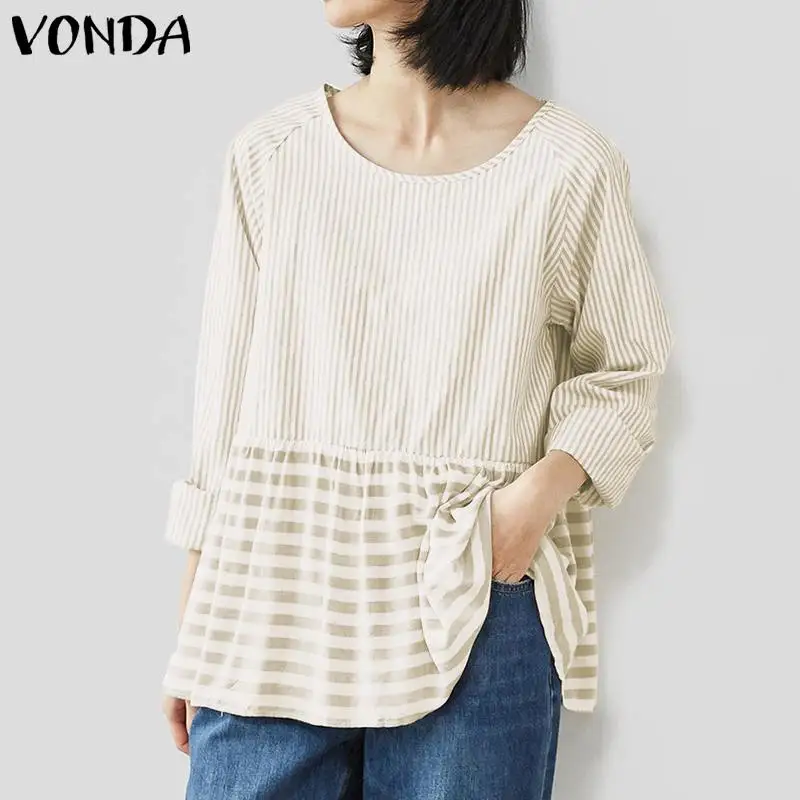 2019 блузка VONDA повседневные свободные топы с круглым вырезом и длинными рукавами винтажная полосатая блузка рубашка осень весна Blusas Плюс