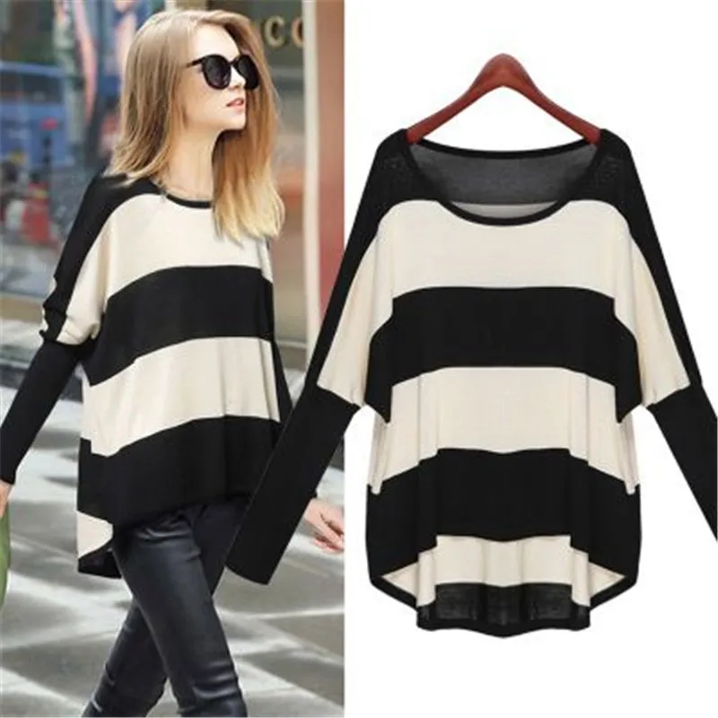 

Foreign Trade New Large Code Women's Sweaters Loose Bat-sleeve round collar striped long-sleeved sweater lady