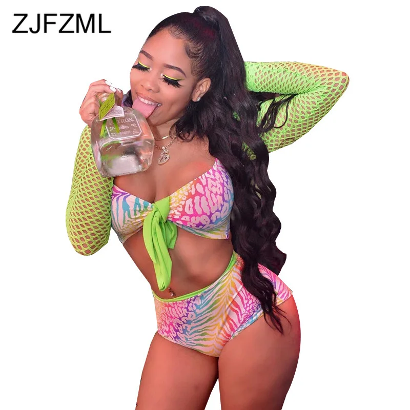 

Neon Fishnet Hollow Two Piece Beach Outfits Women Deep V Neck Long Sleeve Crop Top And Panties Shorts Summer 2Pcs Bathing Suits
