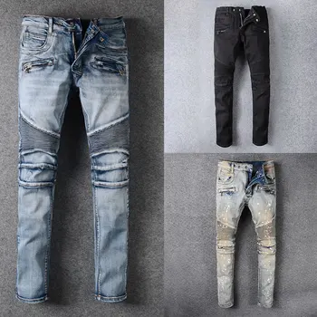 

Italian Style Street Fashion Men Jeans Destroyed Ripped Jeans Men Motor Biker Jeans Homme New Men Pants