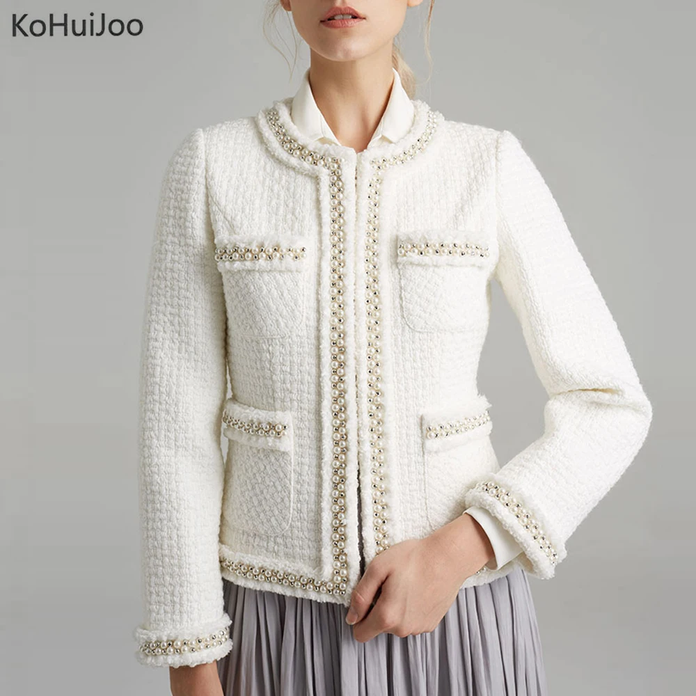 KoHuiJoo 2019 Spring New Fashion Tweed Jacket Women White Solid O Neck