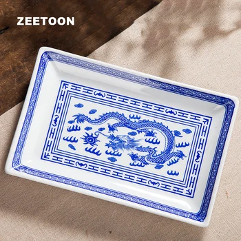 

5inch Blue and White Porcelain Plate Jingdezhen Ceramic Dragon Pattern Dinner Plates Rectangle Dish Kitchen Tableware Decoration