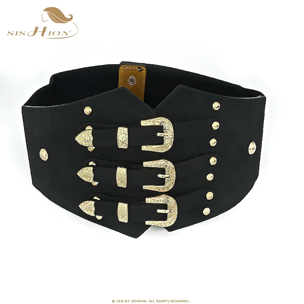 SISHION Vintage Elastic Cummerbunds Wide Belts For Women Dresses QY0247 Belt Faux Leather Belt Corset Brand Belt - Цвет: Black