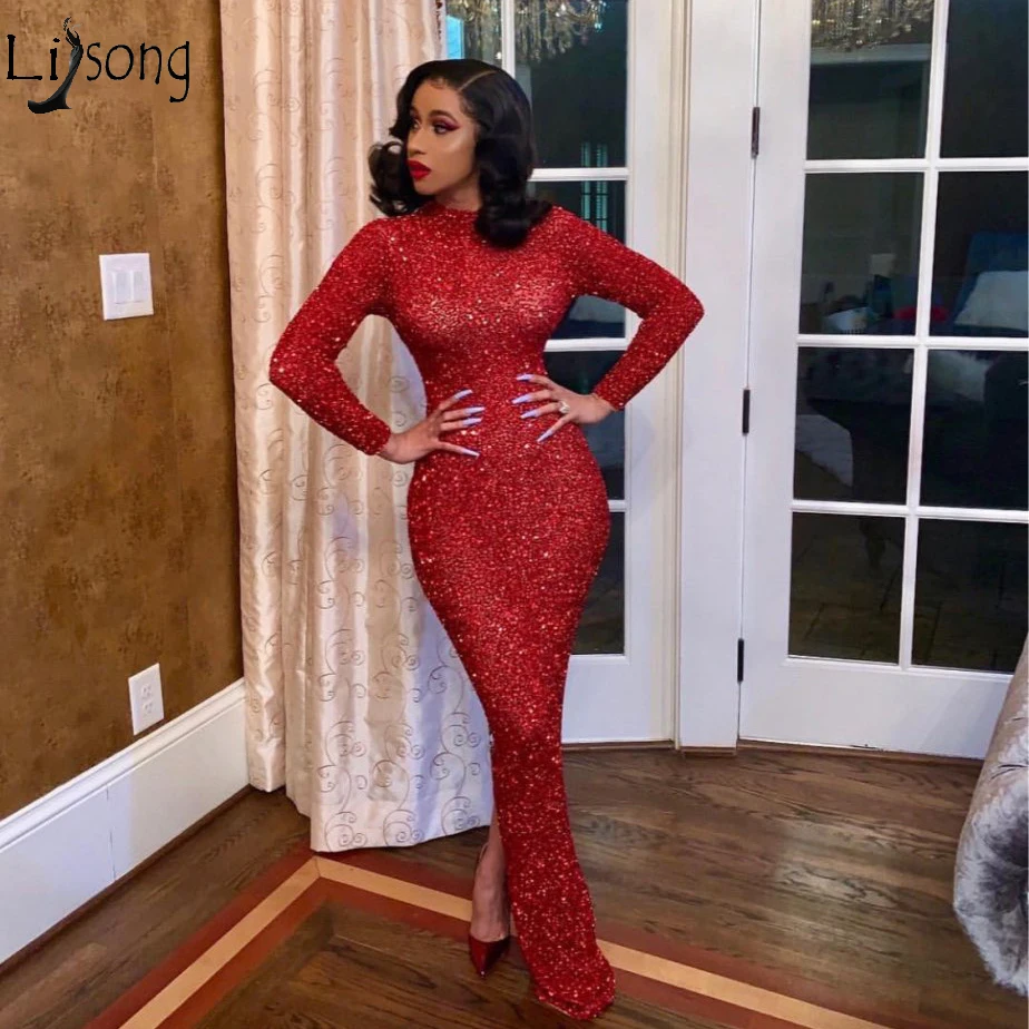 

Sparkly Beads Mermaid Prom Dresses Sexy Red Long Sleeve Africa Arabic Women Formal Evening Dress Shiny Split Chic Party Gowns