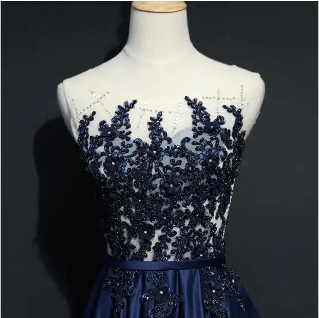 Классический элегантный темно-синий платья для выпускного вечера Кружева из бисера линии Длинные вечерние платья Apecial Платья для особых