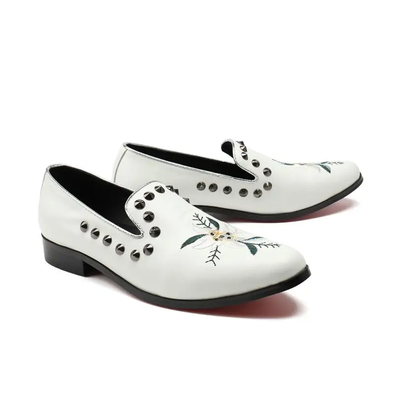 Homens Bordados Branca Casuais Deslizamento Do Preta Toe Em Mens Nova Homem 46 Couro Genuíno Apontou White Casamento Sapatos Tamanho black De Mocassins Moda nqPZx0wx8t