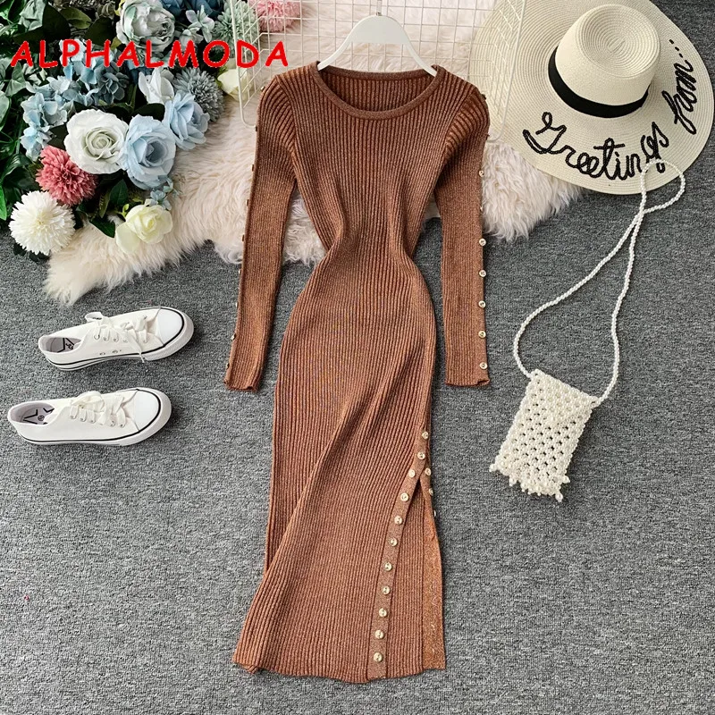 Женское трикотажное платье ALPHALMODA винтажное на пуговицах с боковой разрезом и