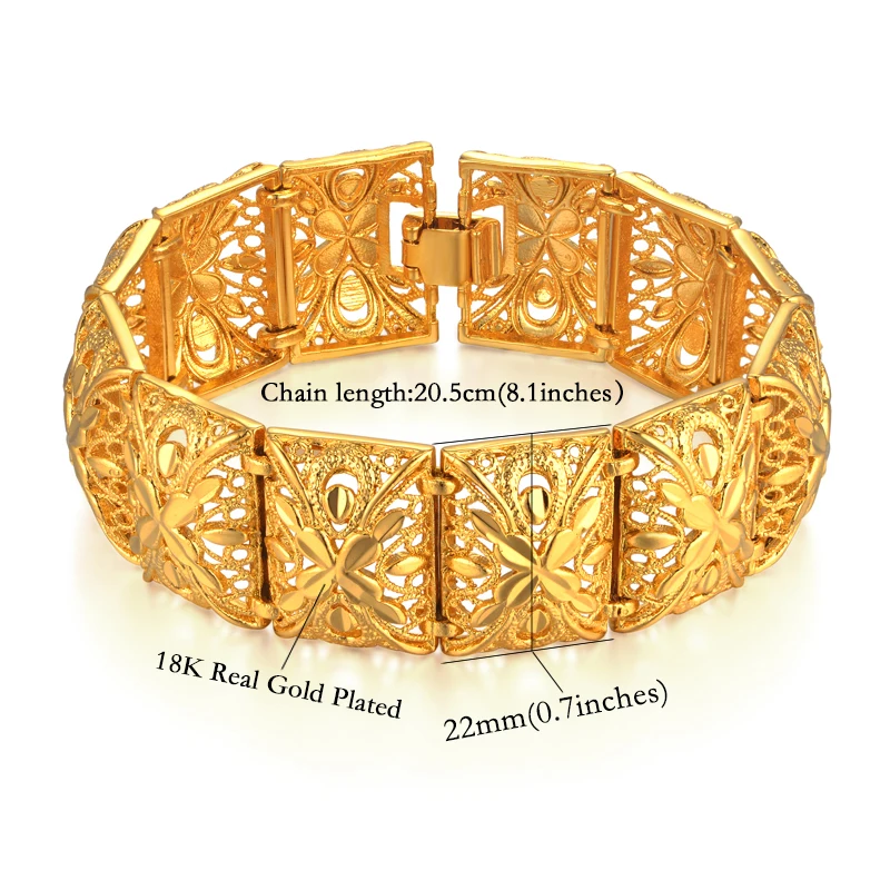 Широкий браслет 22 мм золотой цвет звено цепи массивные браслеты и браслеты для женщин винтажные ювелирные изделия цветок большой браслет
