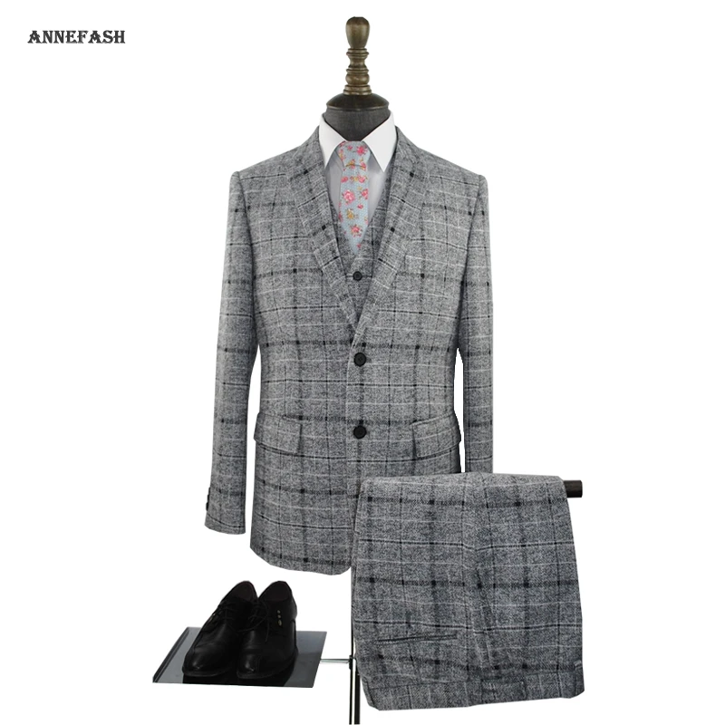 Custom made check woolen light grey windowpane check plaid men suit