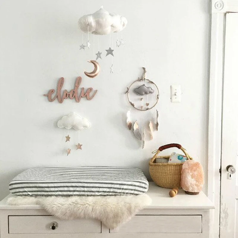 Lovely Floating Cloud Pendant Moon Stars Baby Crib Bed Plush Toy Baby Rattles Room Hanging sea Decoration stuffed toy Hand Bell (4)