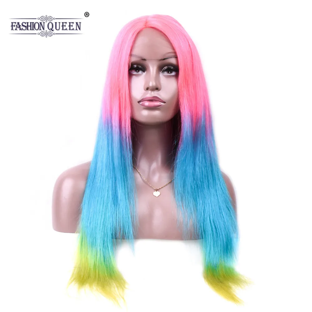 Pre Colored Pink Blue Green Human Hair Wigs Rainbow Color Straight