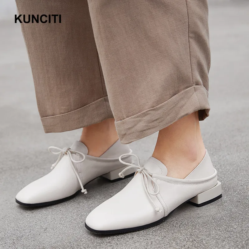 2019 Mode Lacets Mocassins Carré Véritable Plates En Femme De Femmes Casual F930 Cuir Chaussures apricot Nouvelles Dames À Beige Bout black F6arFq
