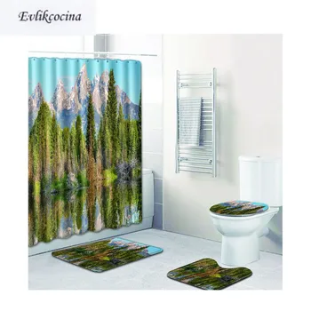 

Free Shipping 4Pcs Trees Reflection Banyo Bath Mats Set Anti slip Bathroom Tapete Banheiro Washable Toilet Rugs Alfombra Bano