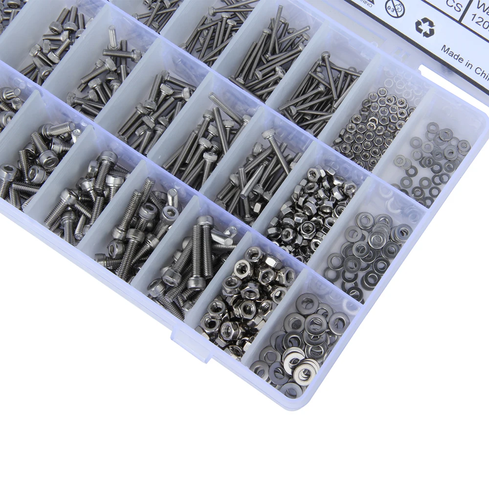 1080pcs M2 M3 M4 Hex Socket Screws Stainless Steel Button Head Bolts Nuts Assortment Kit Set With Strong Anti-oxidation Ability