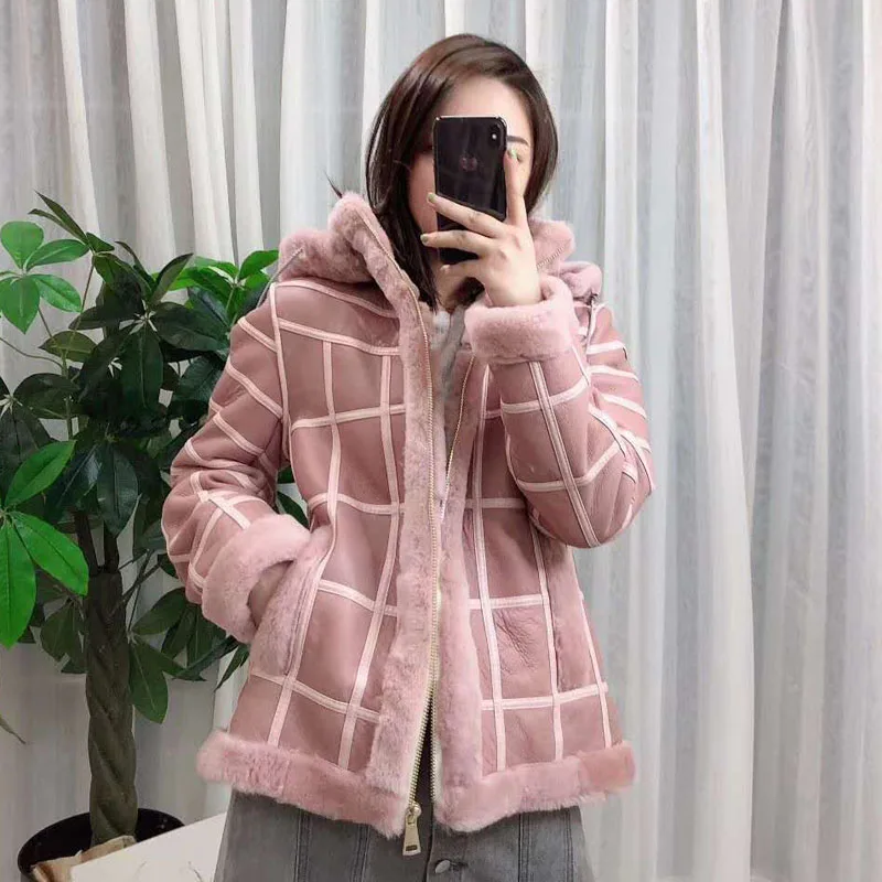 Natural real sheep fur coat sheepskin genuine leather jacket hooded thick warm parka real fur Plaid Pattern lamb fur outerwear