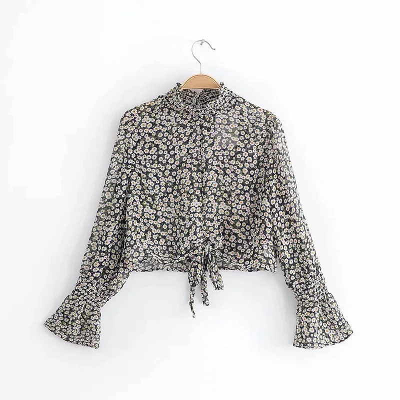 yinlinhe Sexy Transparent Crop Tops Summer Turtleneck Blouse Women Long Sleeve Bow Tied Floral Pink Elegant Shirts  5