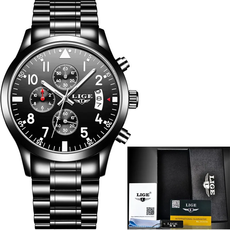 

LIGE Mens Watches Top Luxury Brand Men's Military Waterproof Sports Watch Men's Stainless Steel Quartz Clock Relogio Masculino