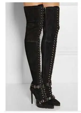 

2017 European Style Winter New Suede Leather Over the Knee Stylish Cross Strappy Pointed Toe Stiletto Heels High Women Boots