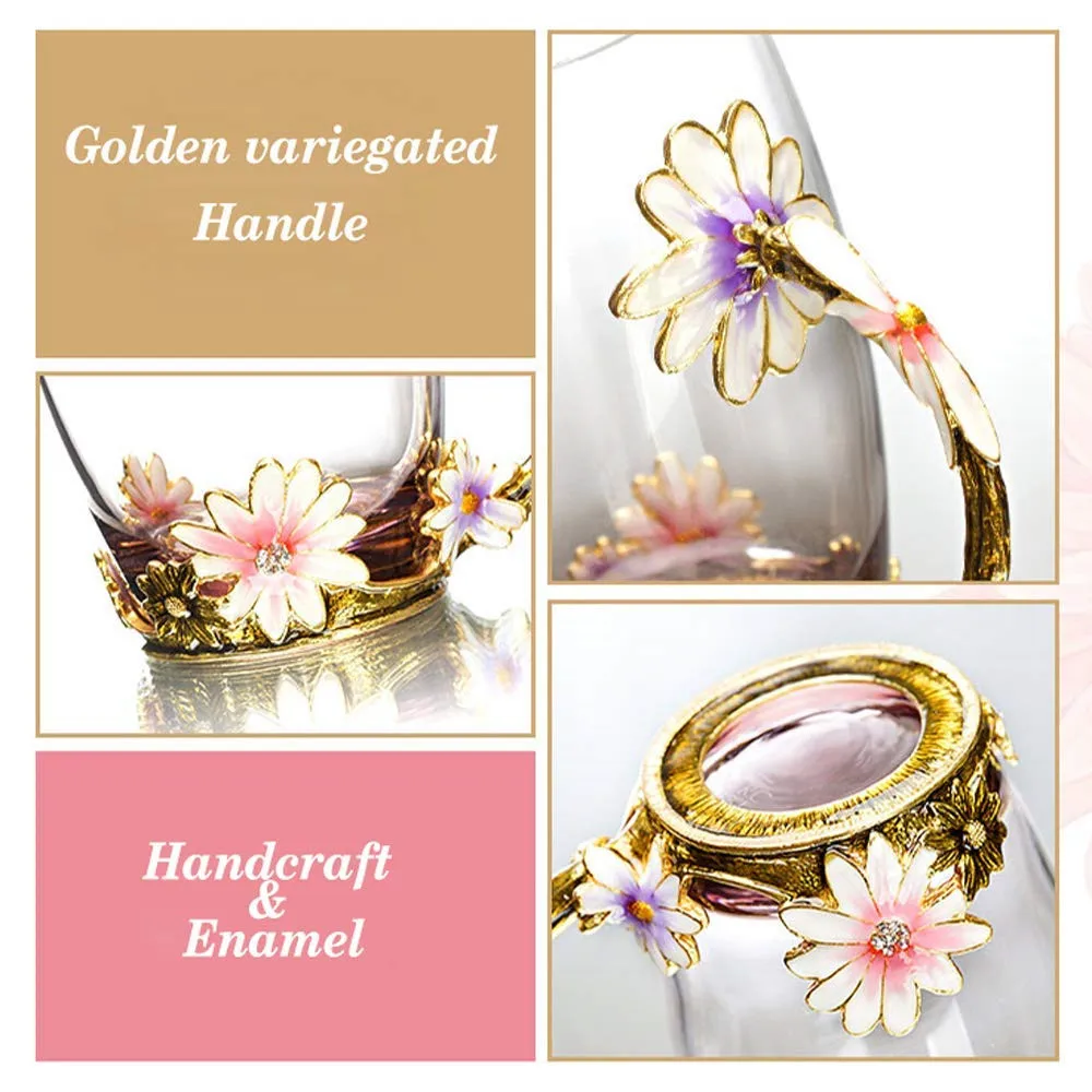 Enamel Flower Crystal Glass Mug Cup Creative Handmade Tea Cups with Handle 11OZ personalized mugs Mother's Day, For Hot Beverages, Tea, Juice,coffee 350ML02