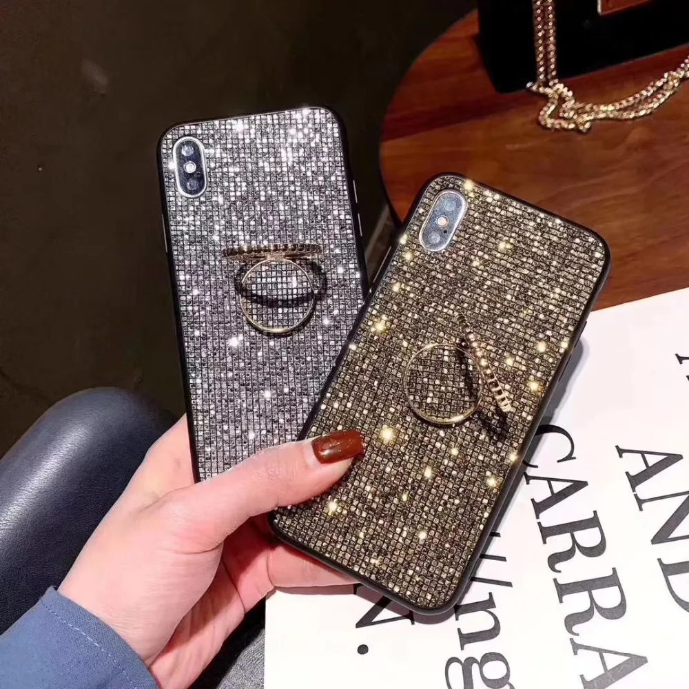 

Hot Luxury Brand Diamond Glitter Finger Holder soft edge phone case for iphone 7 8 6Splus X XR XS MAX for samsung S8 S9 Note 8 9