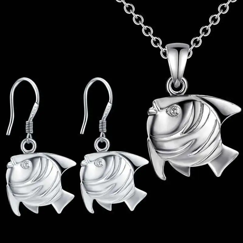 

925 fine jewelry set 925 Sterling Silver Animal Fish Shape Pendant Earrings Jewelry Sets Necklace Earrings For Women