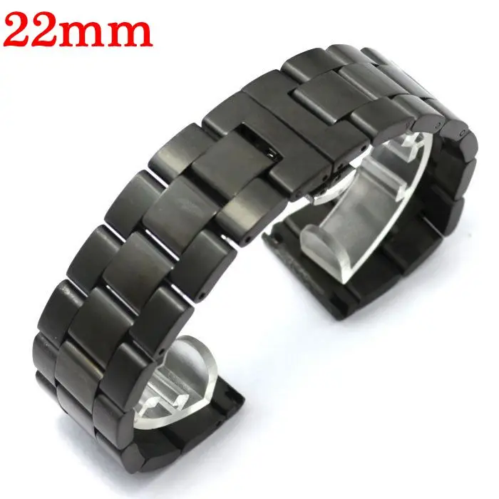 

22mm Black Solid Link Stainless Steel Wrist Watch Band Deployment Buckle With Push Button Strap Bracelet Men Women GD013922